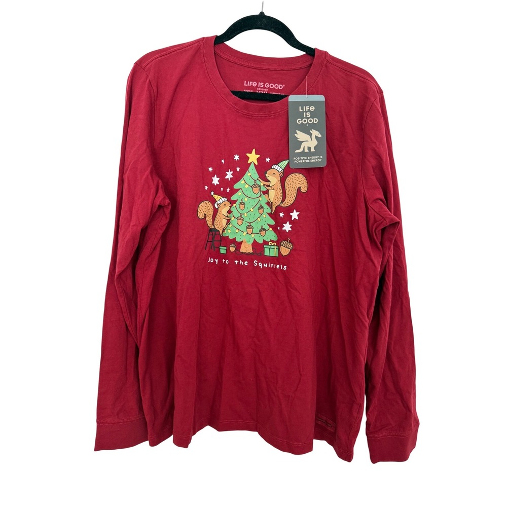 Life is Good Womens XXL Crush Long Sleeve Tee Joy to the Squirrels Red Christmas